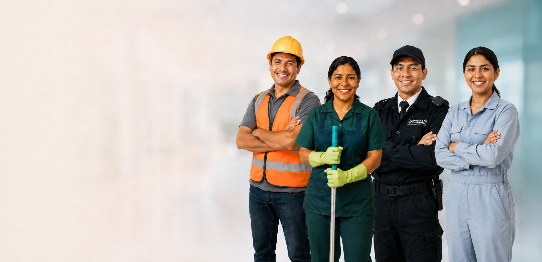 Trabajadores peruanos de construcción, limpieza, seguridad y mantenimiento sonriendo, listos para su próximo empleo